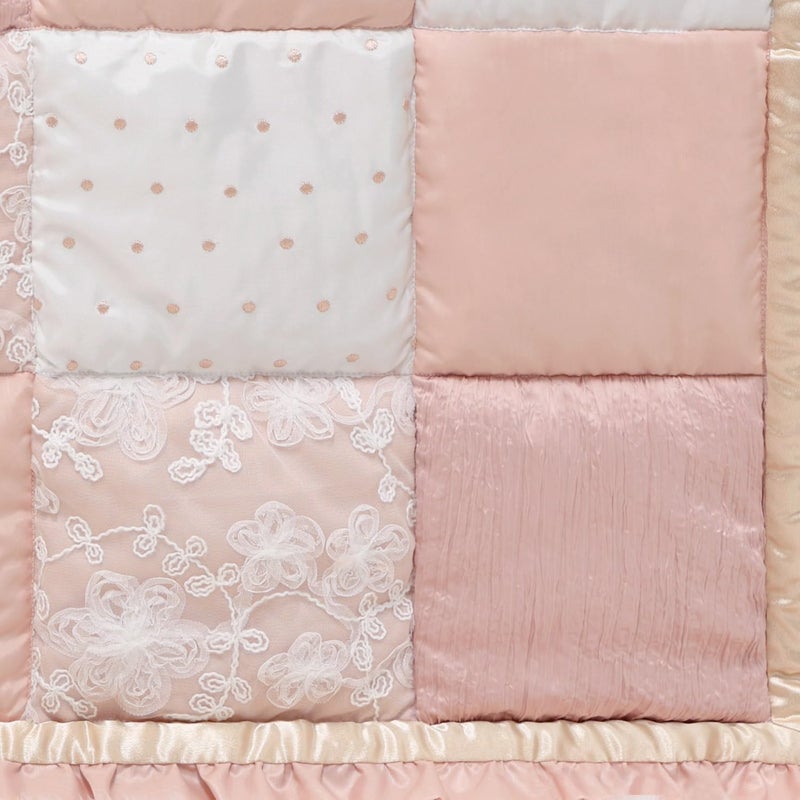The Peanut Shell 3 Piece Baby Crib Bedding Set for Girls - Cotton Fitted Crib Sheet, Layered Dust Ruffle, Comforter, Newborn, Infant & Toddler Vintage Nursery Bed Set Decor, Pink, Gold, Floral - Grace - Image 3